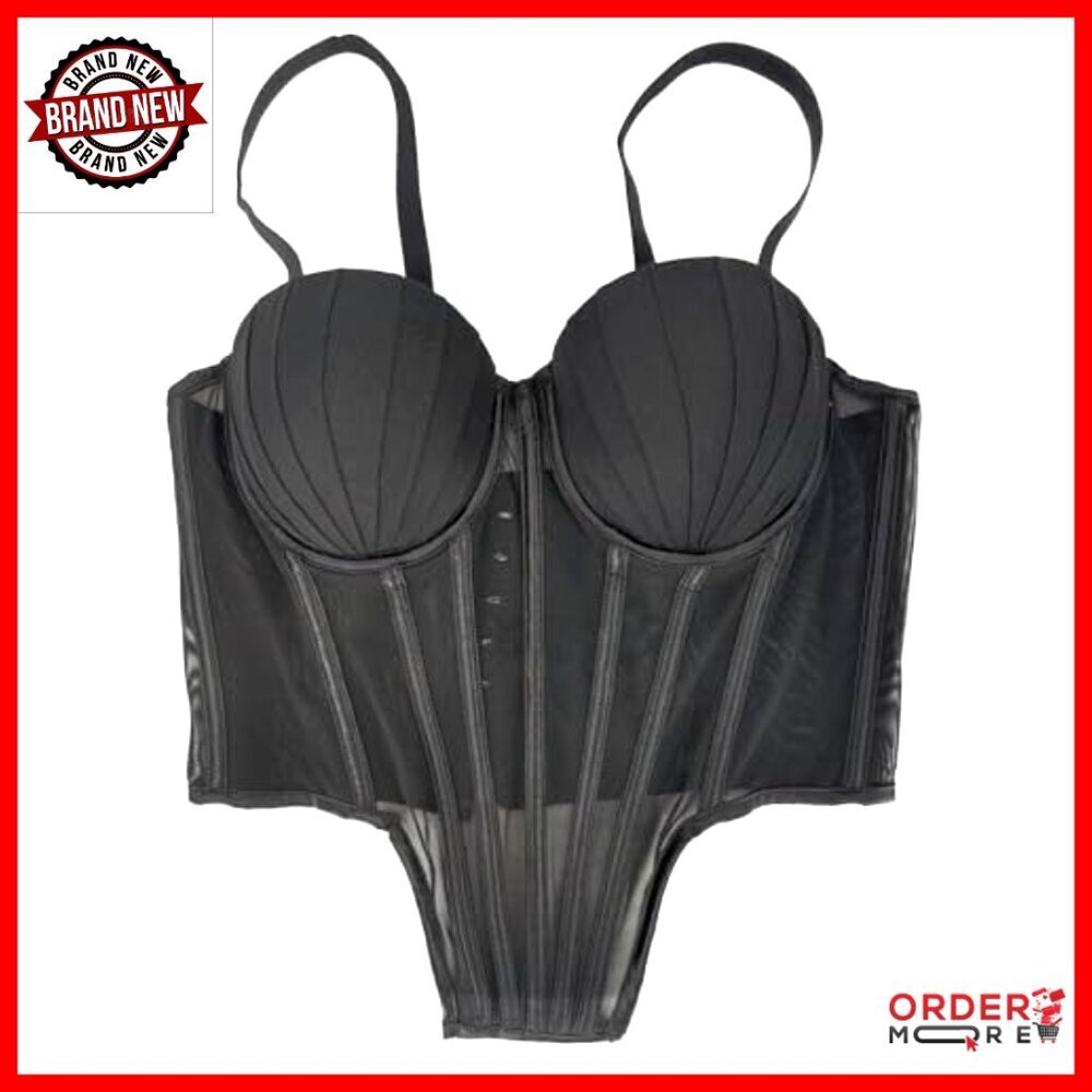 Sheer Mesh Corset Top with Pleated Cups Underwire Bustier Adjustable Straps - Picture 4 of 7